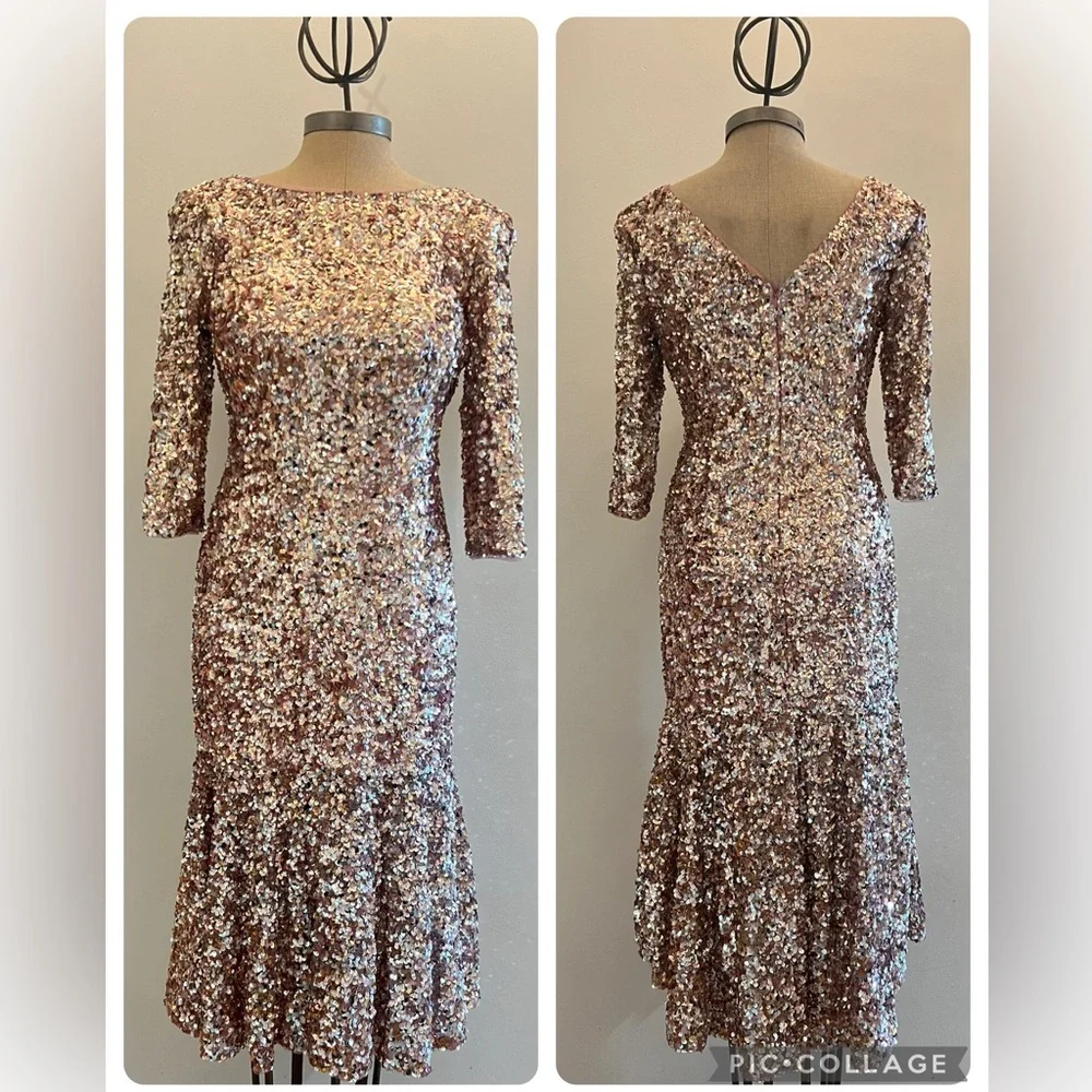 Adrianna papell 3/4 sleeves fully colorful sequins round neck midi dress - Picture 3 of 12